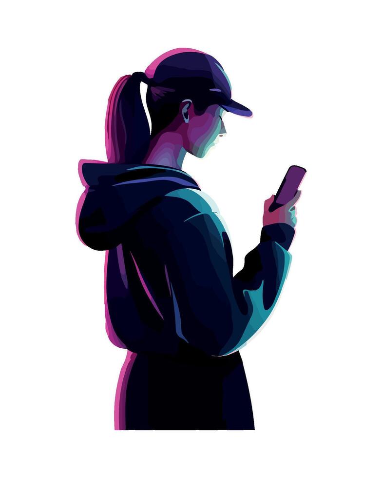 A woman in a hoodie and baseball cap is looking at her phone vector