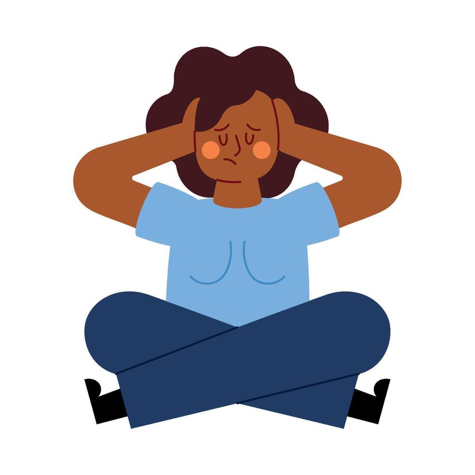 An illustration of a woman sitting on the floor with her hands on her head vector