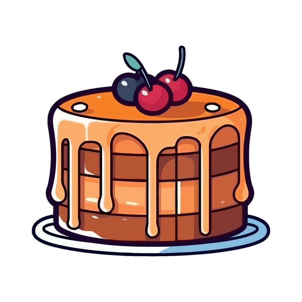 A cake with a cherry on top and a drizzle of syrup vector