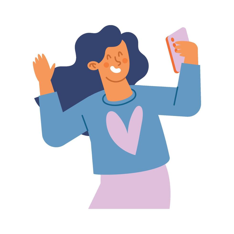 A woman is holding up her phone and smiling vector