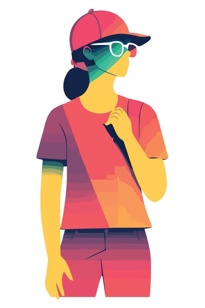 A colorful illustration of a woman wearing sunglasses and a baseball cap vector