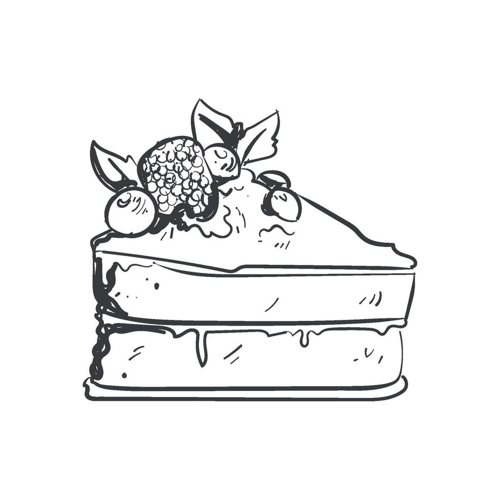 A black and white drawing of a piece of cake vector