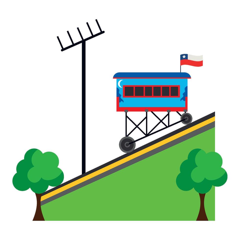 A cartoon train on a hill with a flag on top vector