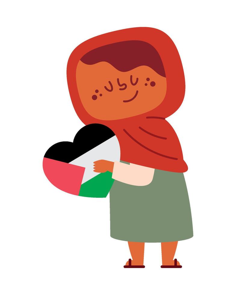 A cartoon girl holding a heart with the flag of palestine vector