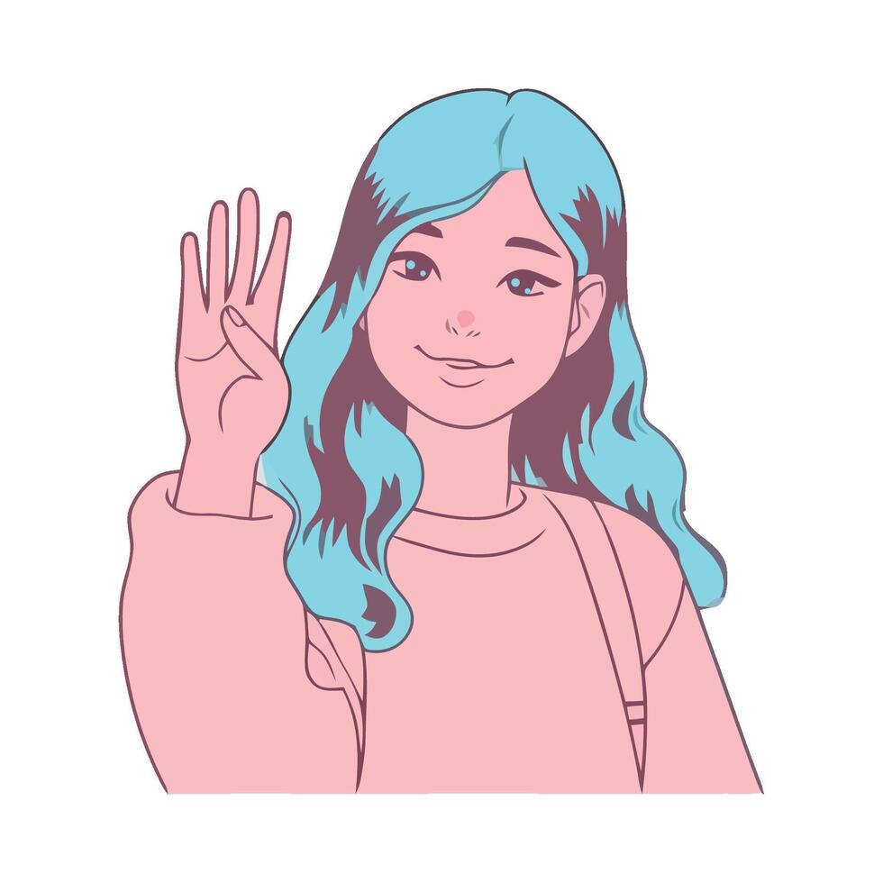 A girl with blue hair and pink shirt is making the peace sign vector