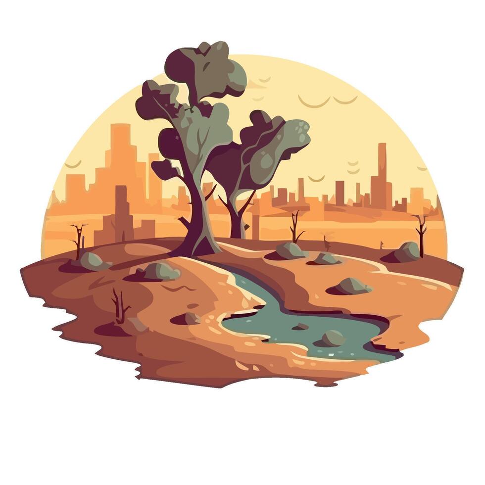 A cartoon illustration of a desert landscape with a stream vector