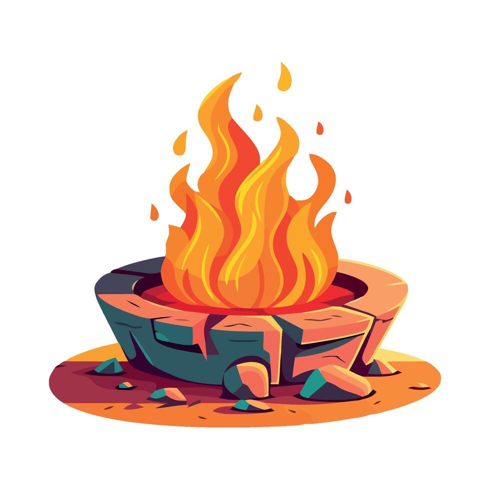 A cartoon fire pit with flames and rocks vector