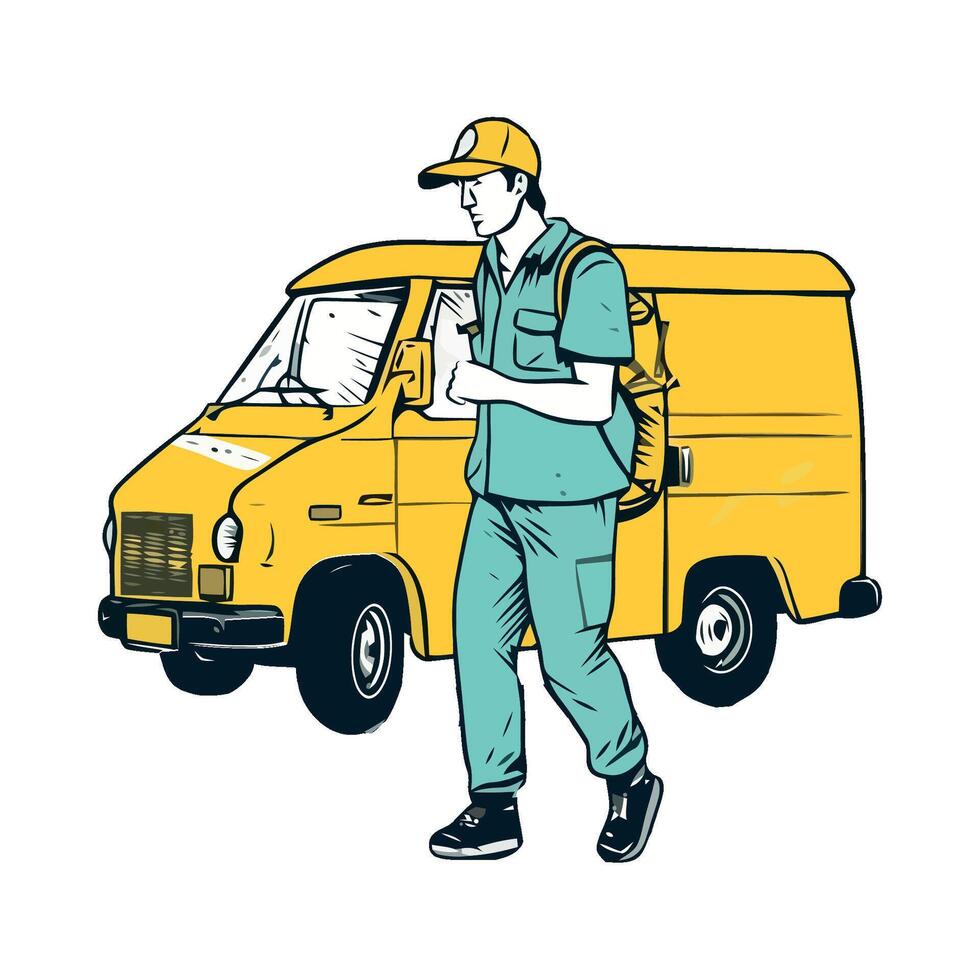 Delivery man with a backpack and a yellow van vector