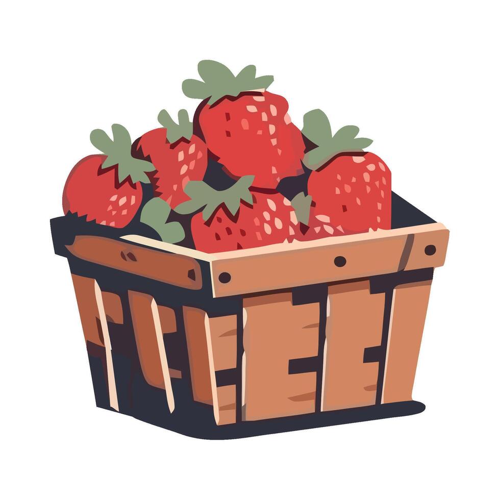 A wooden basket full of strawberries on a white background vector