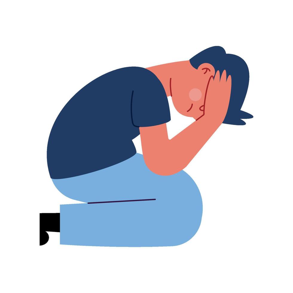 A man is sitting on the floor with his head in his hands vector