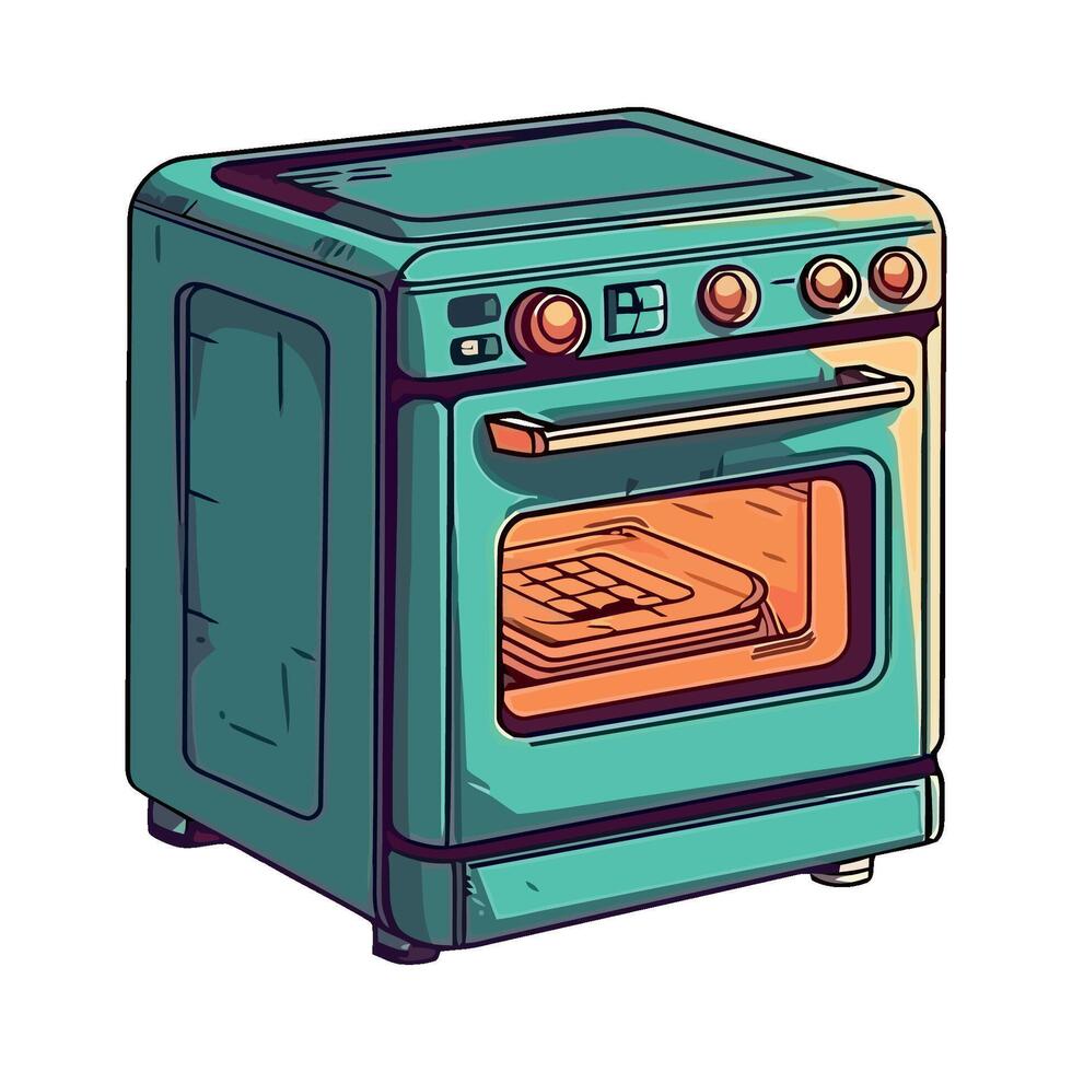 An illustration of a blue oven with a door open vector