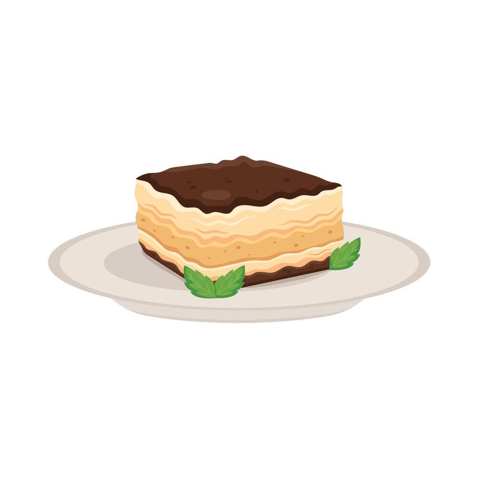 A piece of cake on a plate with mint leaves vector