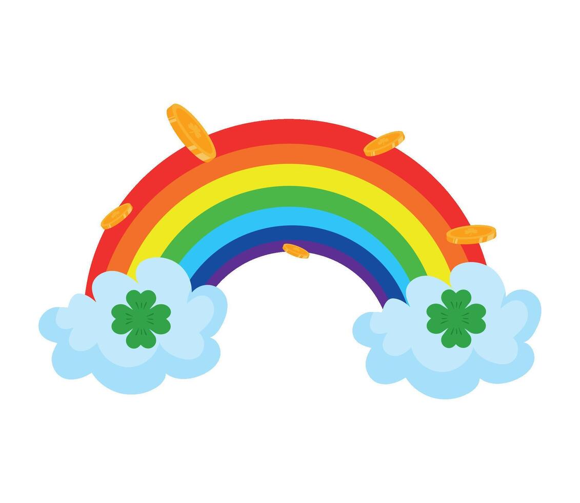 Rainbow and clover with coins on white background vector