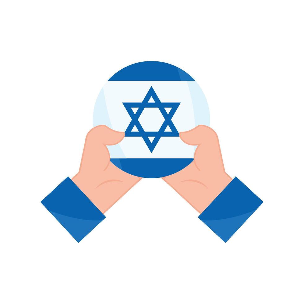 Two hands holding an israeli flag in front of a globe vector