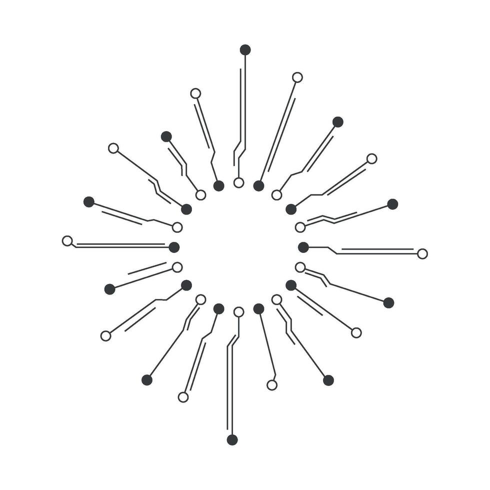 A circle of electronic components is shown in black and white vector
