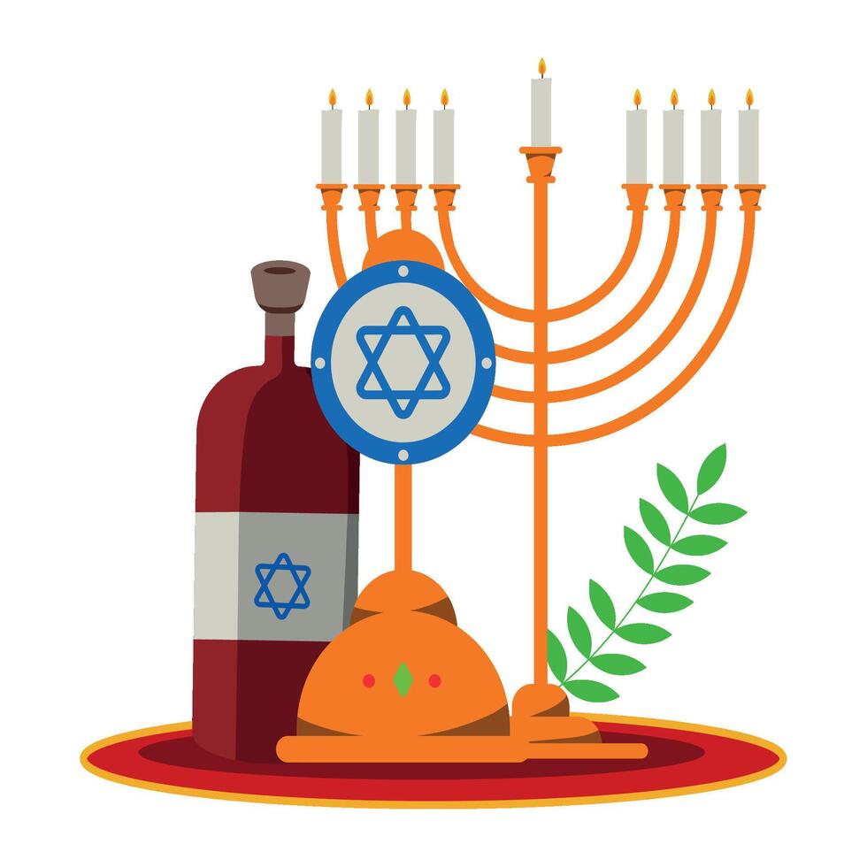 Hanukkah menorah and wine bottle illustration vector