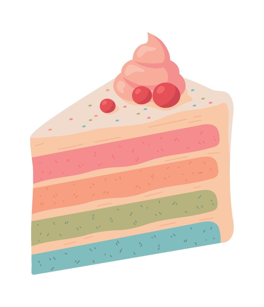 A slice of cake with a rainbow colored frosting vector