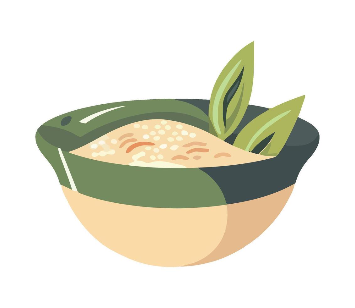 A bowl of rice with a leaf on top vector