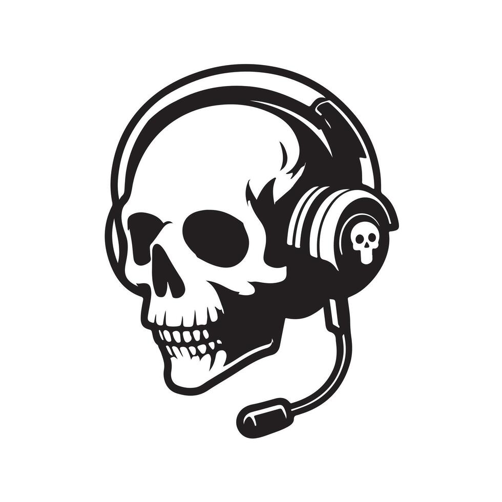 Skull with headset. Character head wearing headphones vector