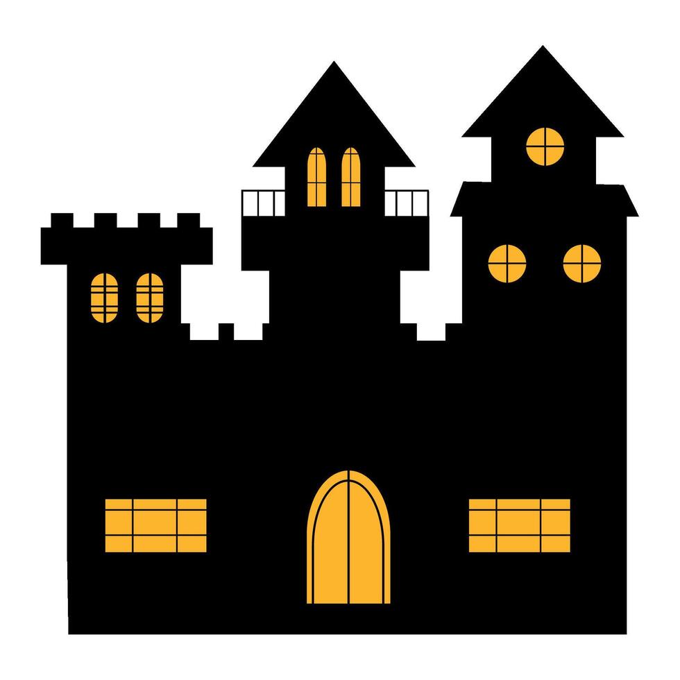 A black castle with yellow windows and a door vector