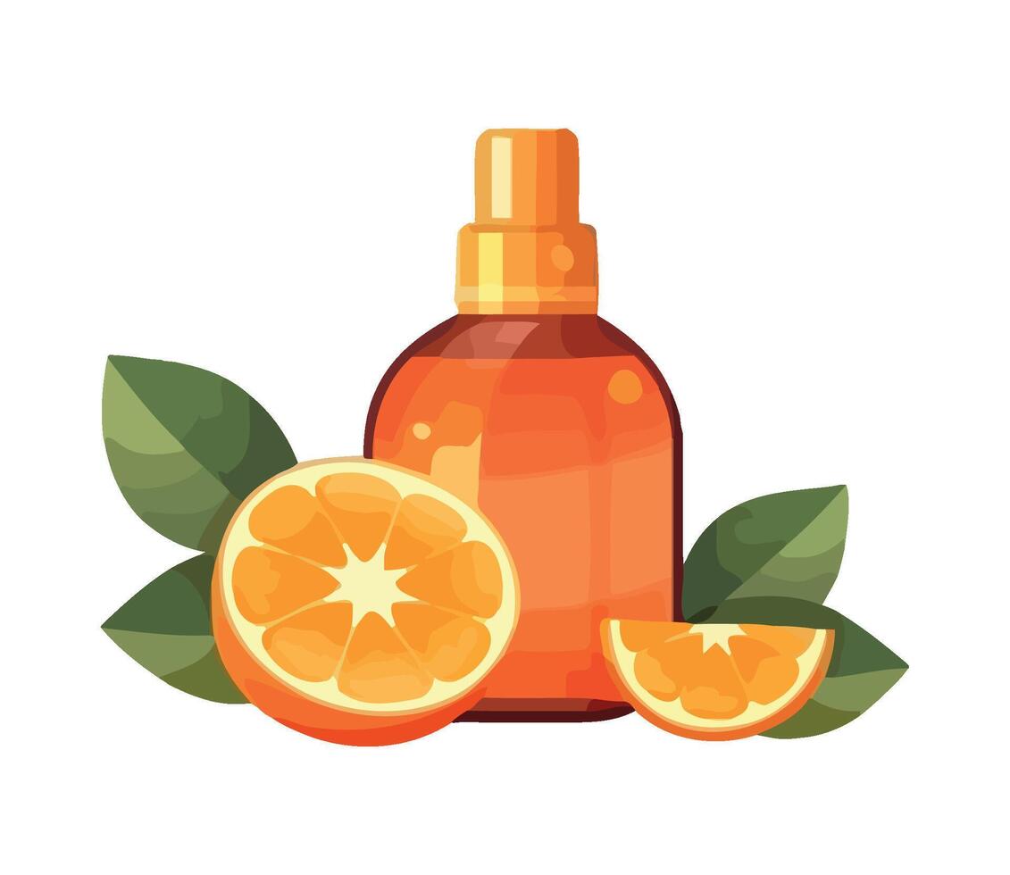 Orange oil spray bottle with orange slices and leaves illustration vector