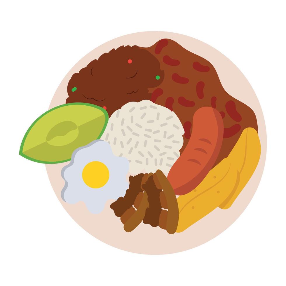 A plate with rice, meat, eggs and an avocado vector