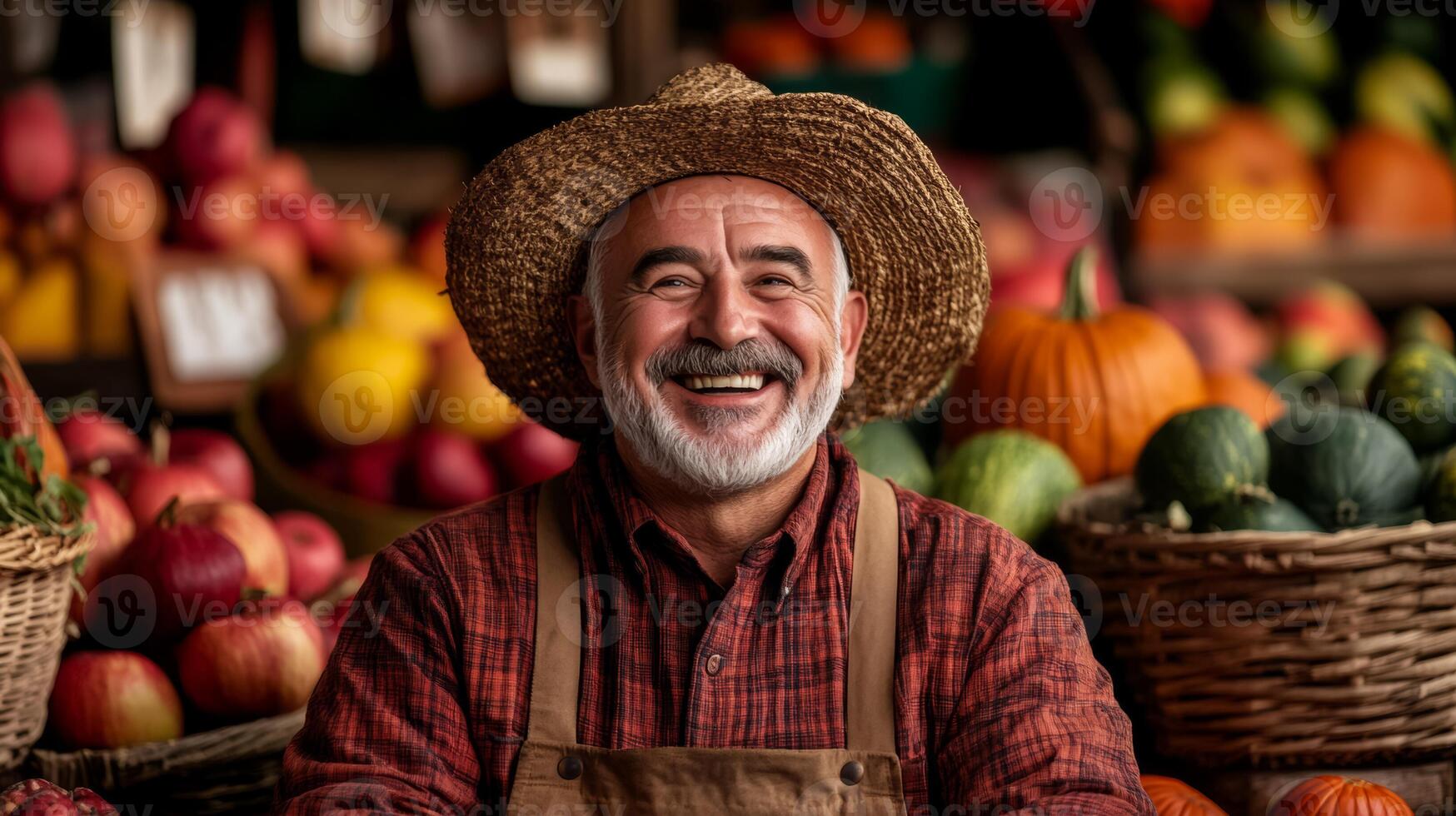 A joyful farmer laughing surrounded by colorful pumpkins and baskets of apples vibrant autumn leaves in the background market stall decorated with hay bales and rustic signs photo