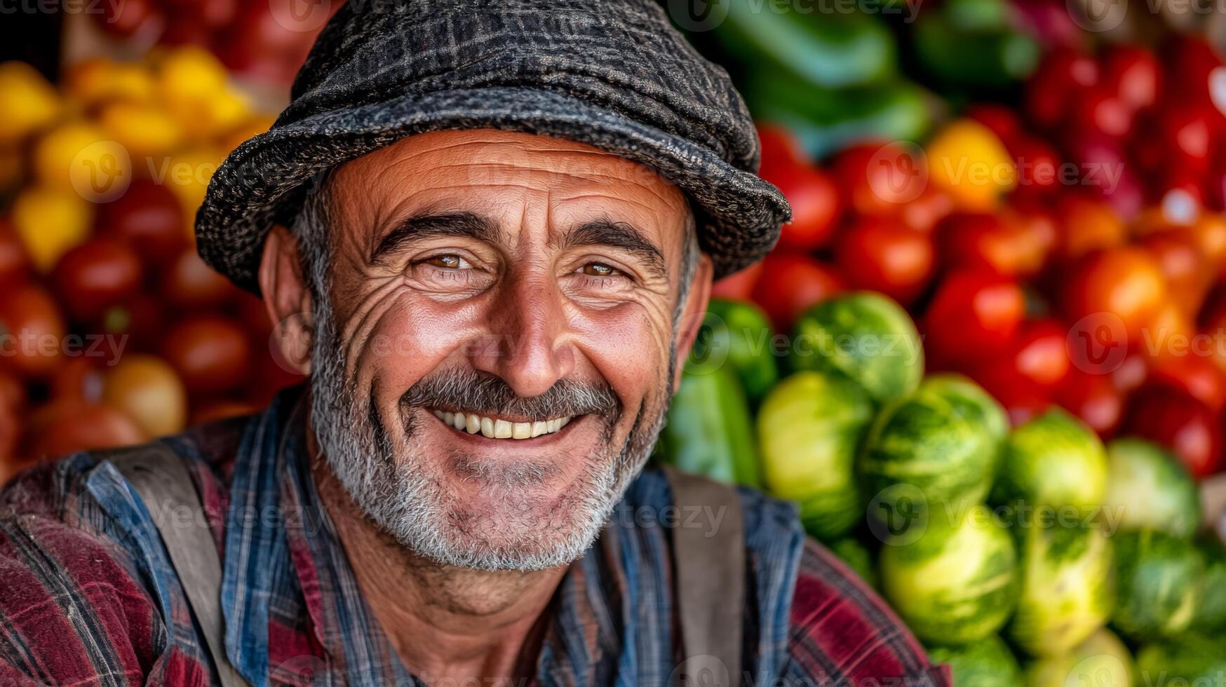 A smiling farmer with a weathered face and bright eyes arranging fresh produce at an autumn market stall rich autumn colors and cozy rural vibes photo