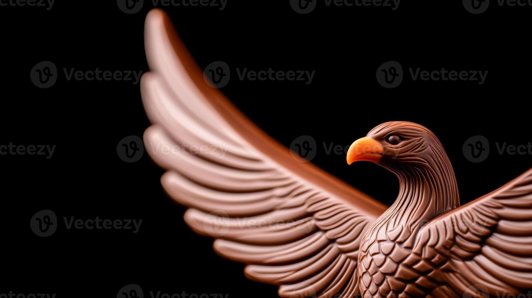 Close up of a chocolate phoenix rising from flames detailed feathers and flames swirling around rich dark chocolate with orange accents isolated on a black background photo