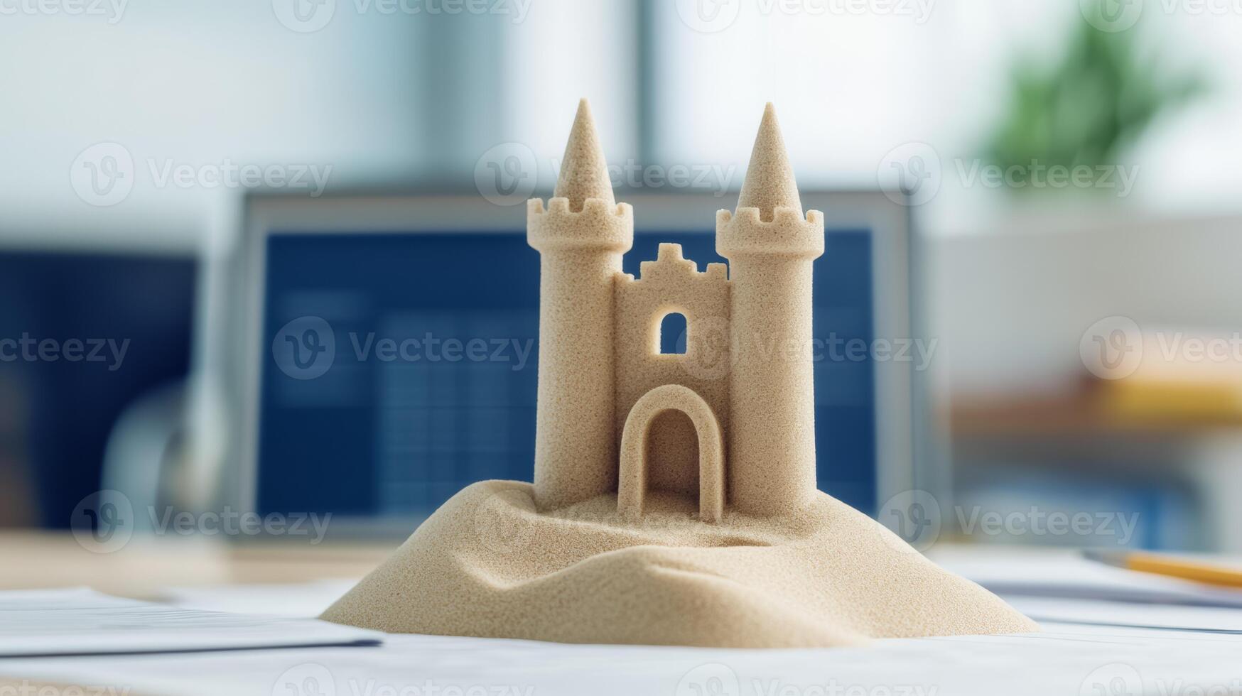 Close up of a sandcastle photo in a frame on a desk with a to do list and work documents scattered around symbolizing post vacation melancholy