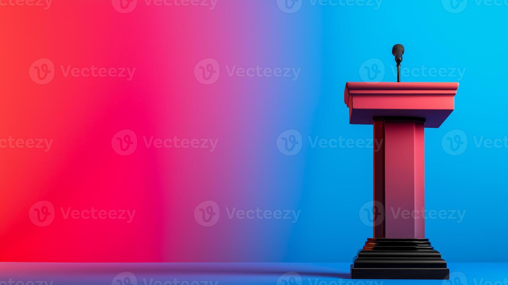 Moderators podium with debate notes gradient background from deep blue to bright red closeup angle space for text photo