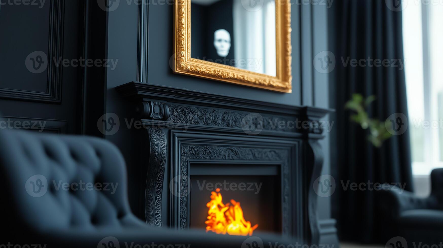 A stylish living room with a roaring fireplace elegant black lace curtains and a ghostly figure faintly visible in the mirror above the mantel photo