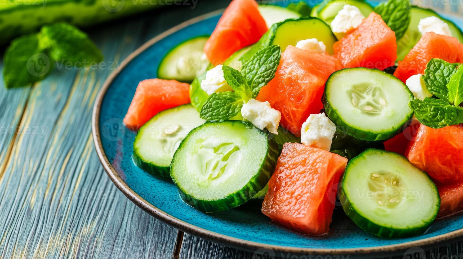 Cucumber salad with thinly sliced cucumbers watermelon cubes and feta cheese crumbles on a turquoise ceramic plate with a rustic wooden background photo