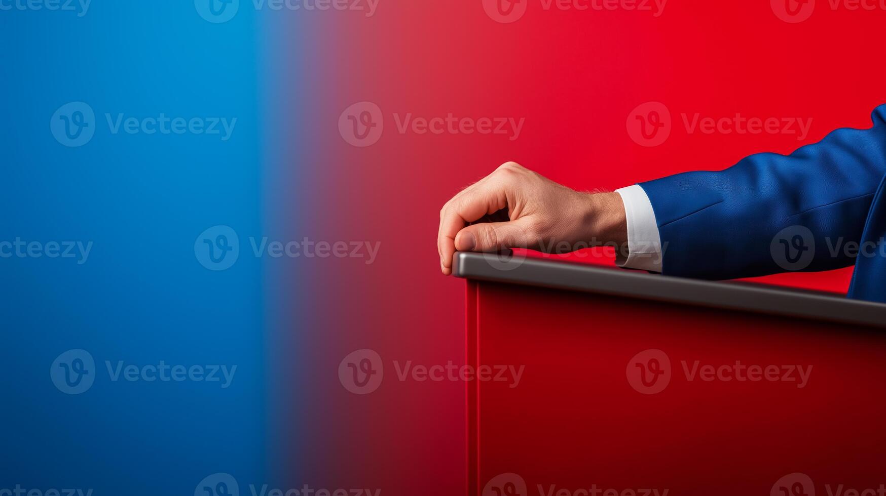 Closeup of a candidates hand gripping a podium gradient background shifting from blue to red intense focus space for text photo