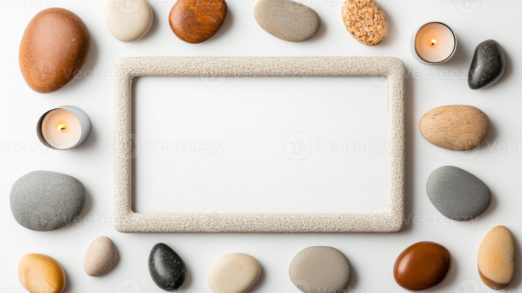 Overhead view of a meditation themed picture frame with a border of zen stones tranquil water reflections and soft candlelight in calming neutral colors isolated on a white background photo