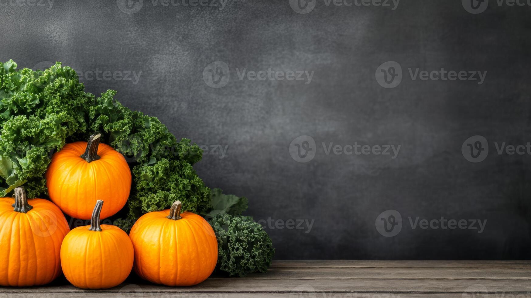 Isolated autumn market stall overflowing with fresh vegetables bright orange pumpkins and deep green kale rustic wooden textures with a soft gradient background photo