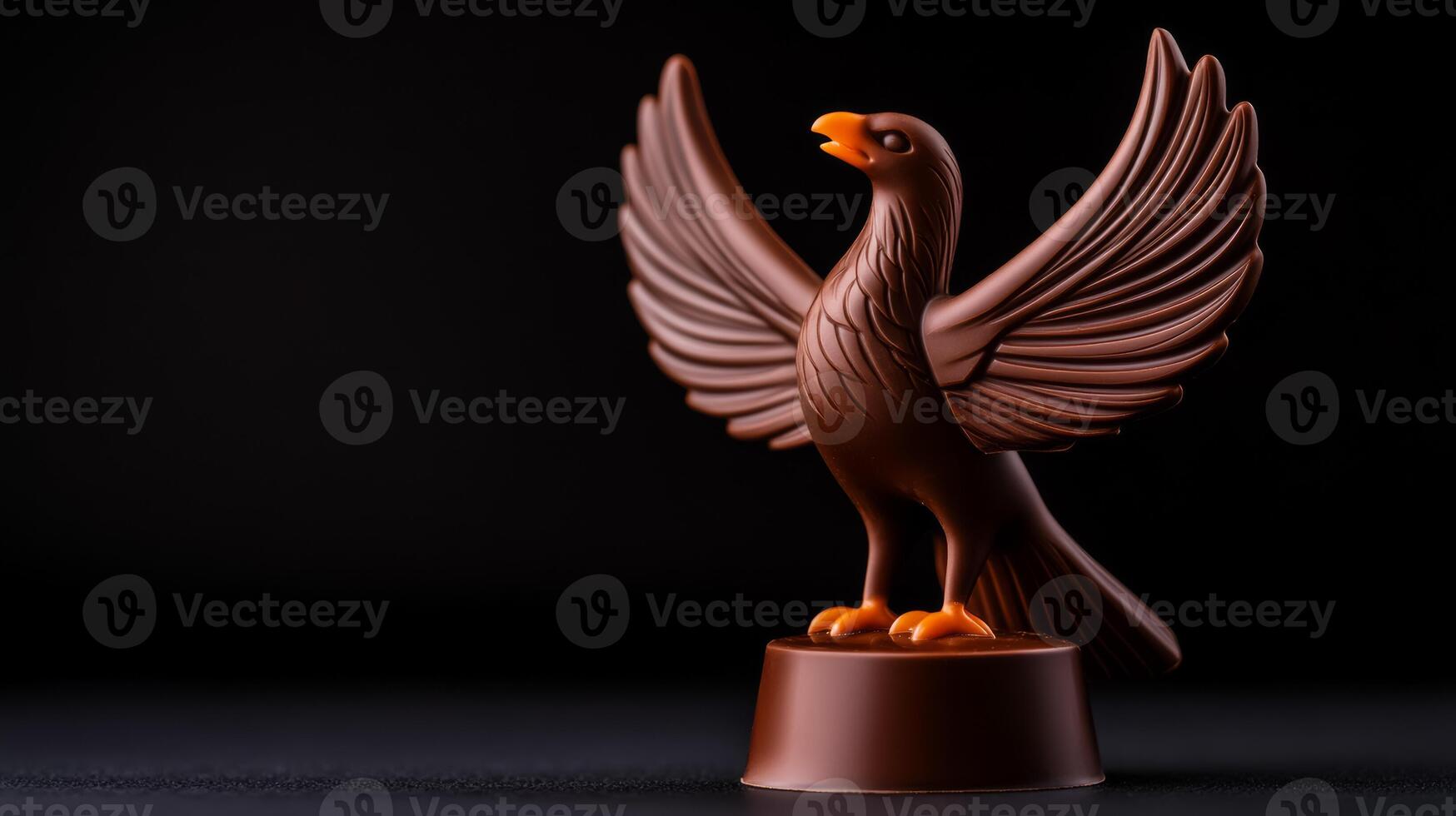 Close up of a chocolate phoenix rising from flames detailed feathers and flames swirling around rich dark chocolate with orange accents isolated on a black background photo