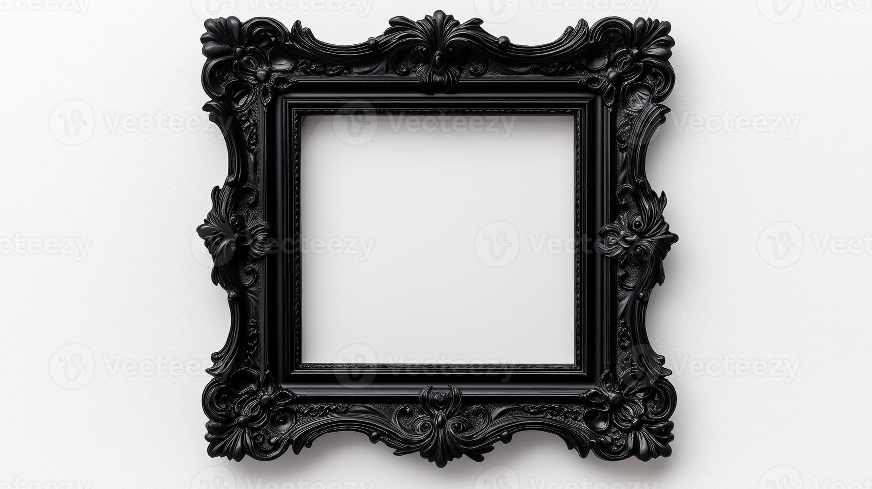 Overhead shot of a spooky ornate picture frame with detailed black carvings of owls spider webs and full moons isolated on a white background with subtle shadows photo