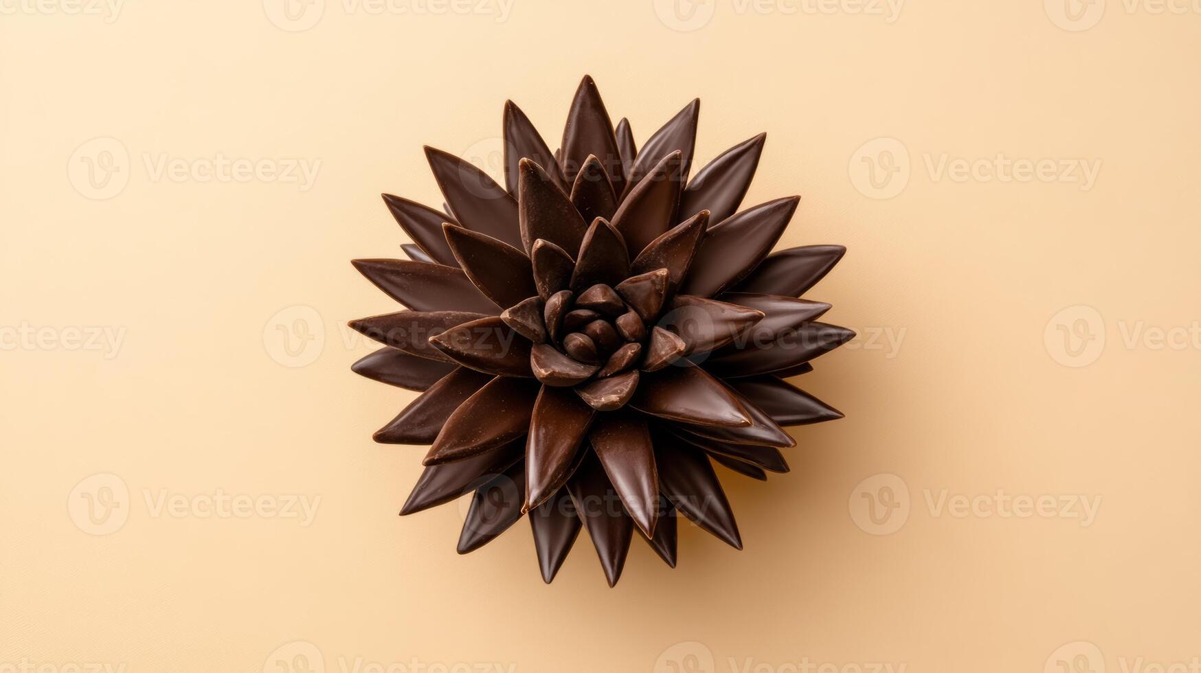 Overhead view of a chocolate cactus sculpture with sharp defined spikes rich brown color and a smooth texture set against a soft beige gradient background photo