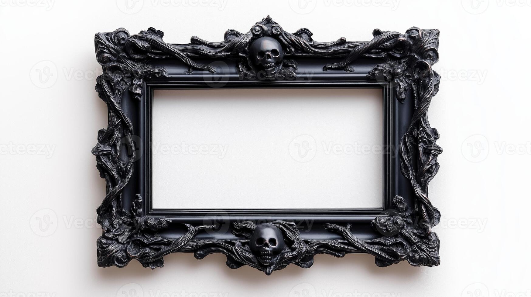 Overhead view of an ornate Halloween picture frame featuring creepy designs like ghost faces and twisted branches in a tarnished silver finish isolated on a white background photo