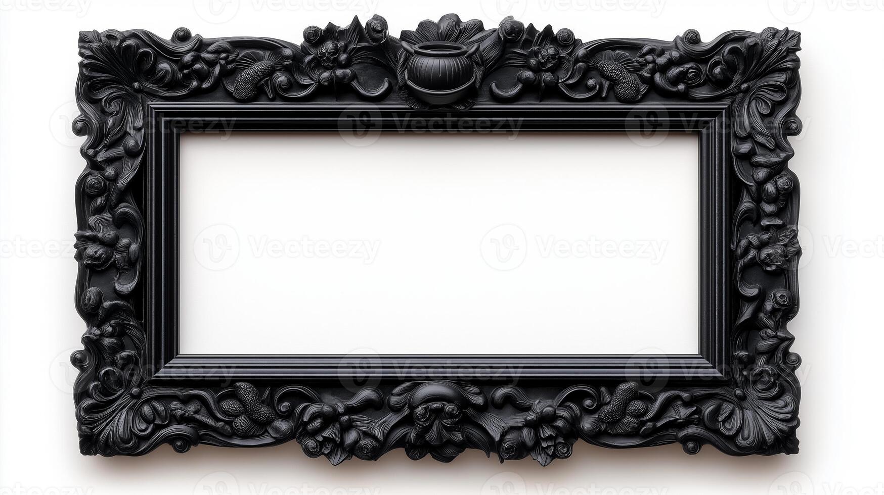 Top down shot of a rectangular Halloween style frame with intricate carvings of witches cauldrons and black cats in a dark vintage finish isolated on a white background photo