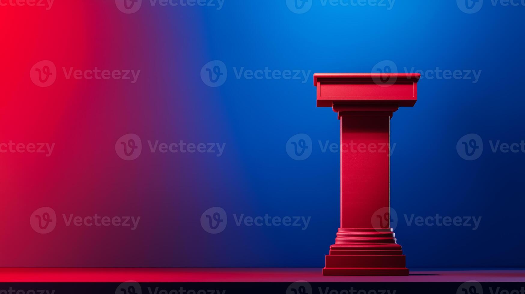 Moderators podium with debate notes gradient background from deep blue to bright red closeup angle space for text photo