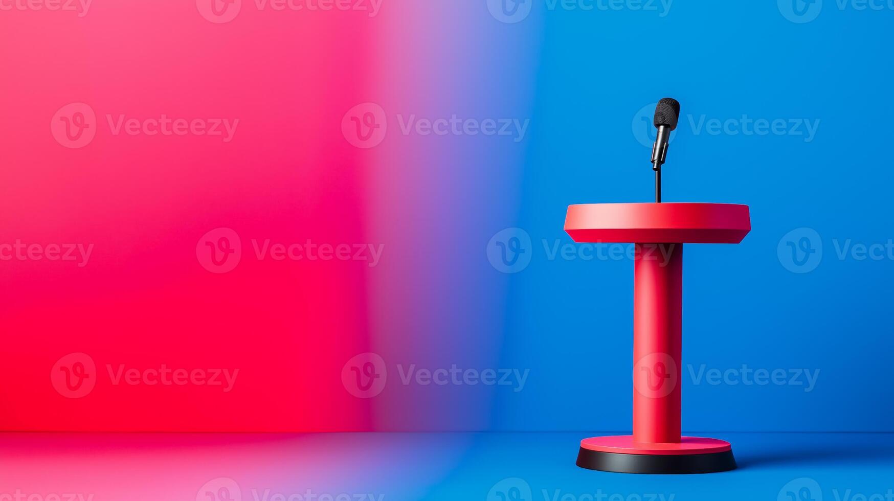 Moderators podium with debate notes gradient background from deep blue to bright red closeup angle space for text photo