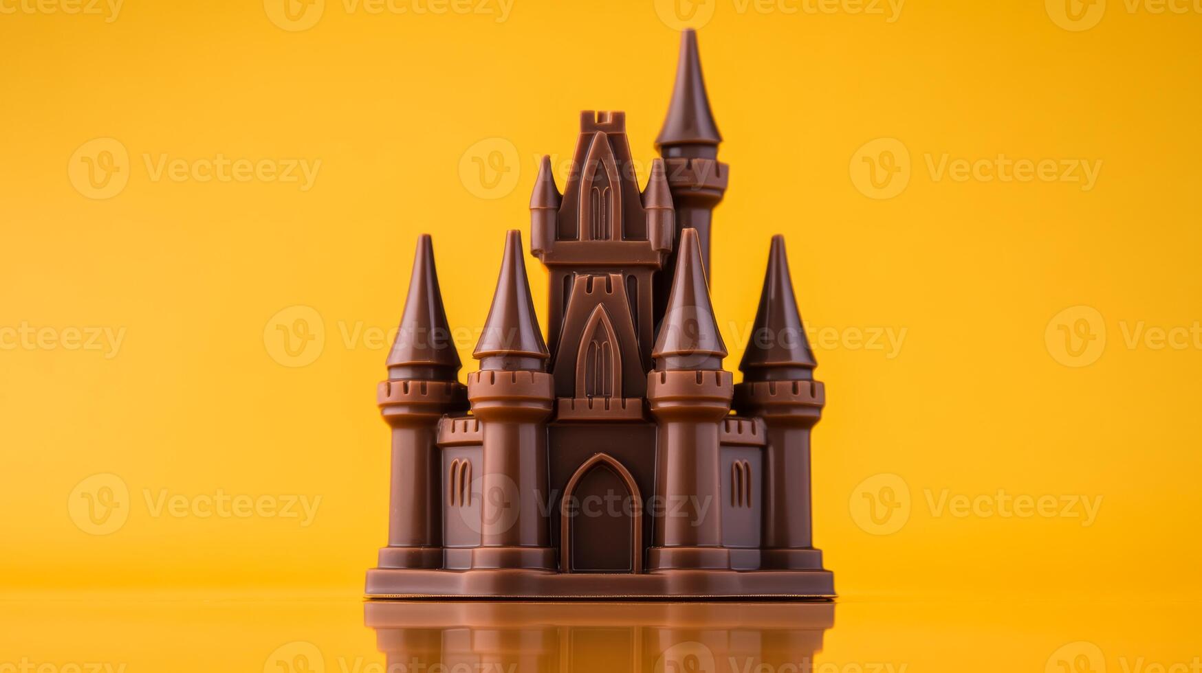 Wide angle shot of a towering chocolate castle with turrets and drawbridge dark chocolate with milk chocolate accents placed on a reflective surface glowing warm lighting photo