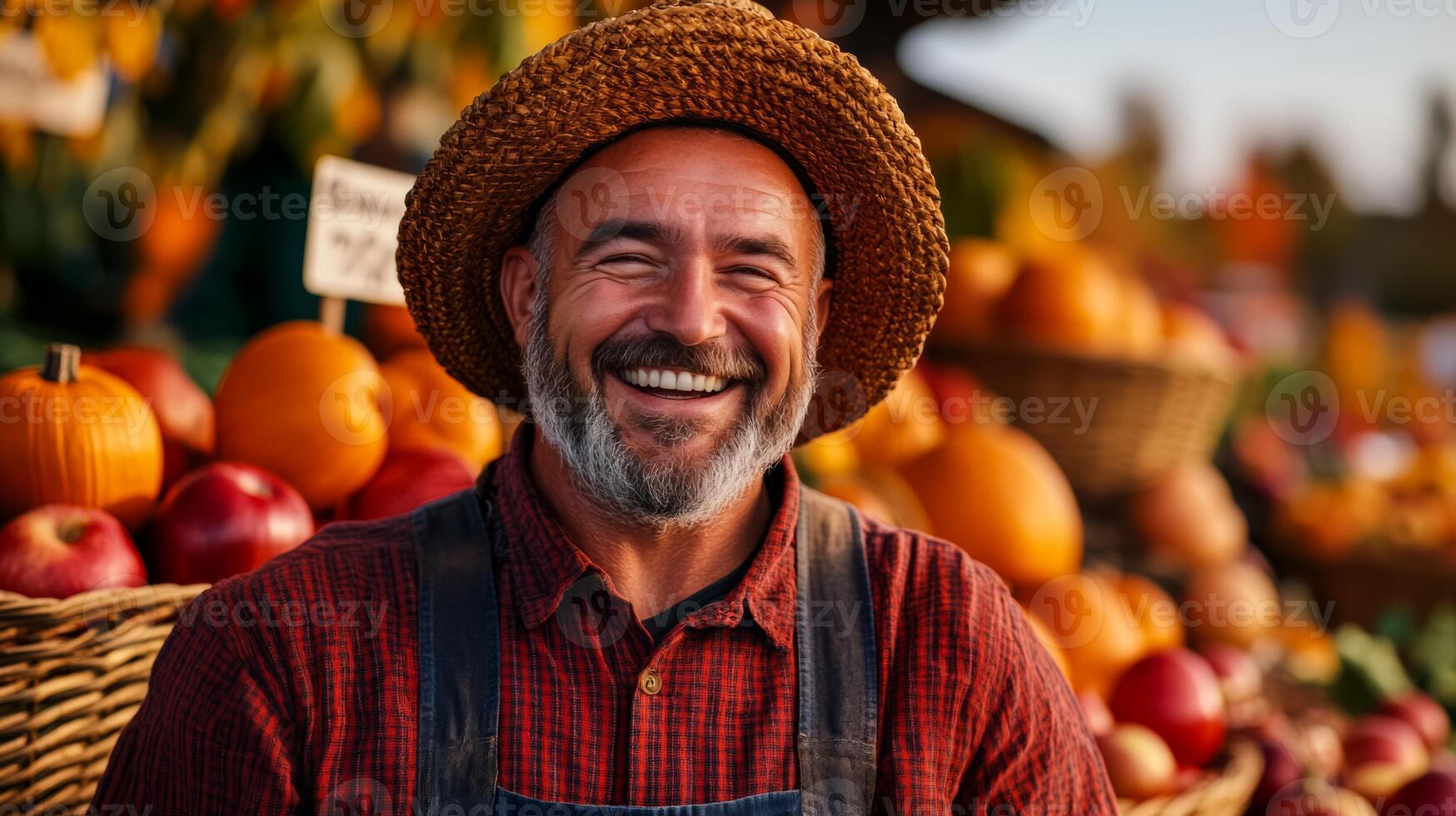 A joyful farmer laughing surrounded by colorful pumpkins and baskets of apples vibrant autumn leaves in the background market stall decorated with hay bales and rustic signs photo