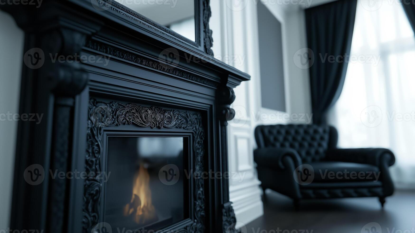 A stylish living room with a roaring fireplace elegant black lace curtains and a ghostly figure faintly visible in the mirror above the mantel photo