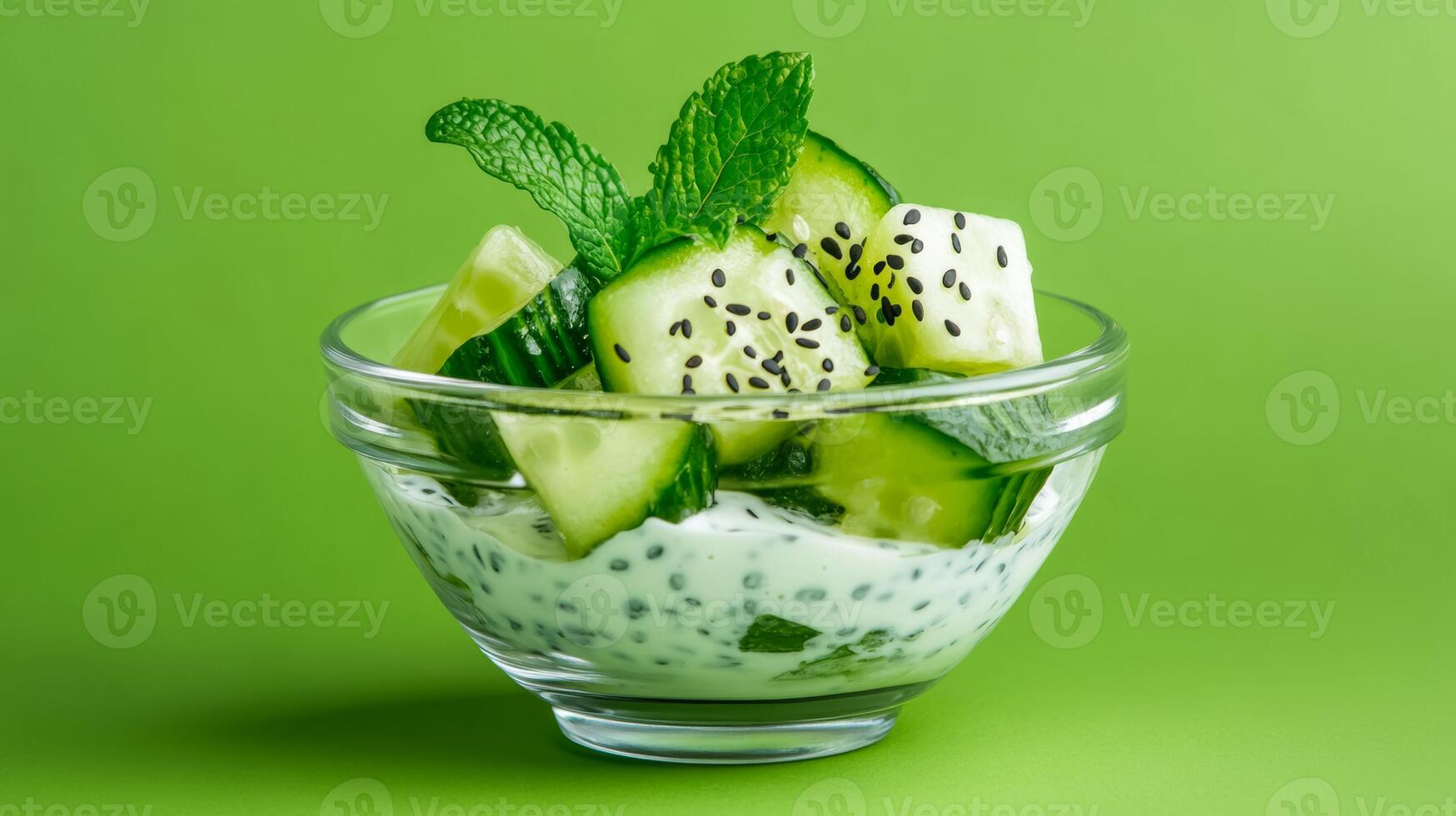 Close up of cucumber salad in a glass bowl with yogurt dressing sprinkled with black sesame seeds and fresh mint leaves isolated on a pastel green background photo