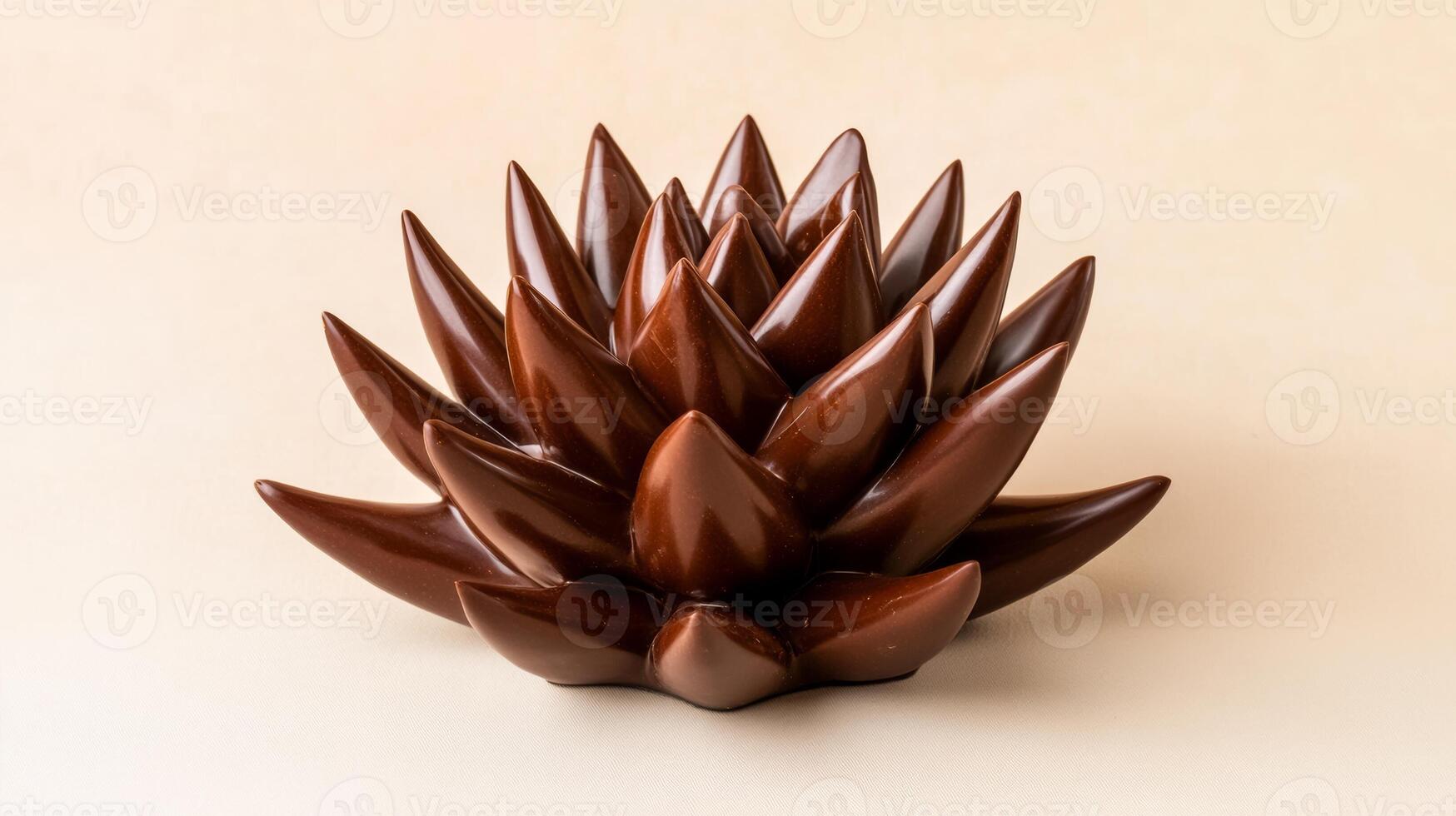 Overhead view of a chocolate cactus sculpture with sharp defined spikes rich brown color and a smooth texture set against a soft beige gradient background photo