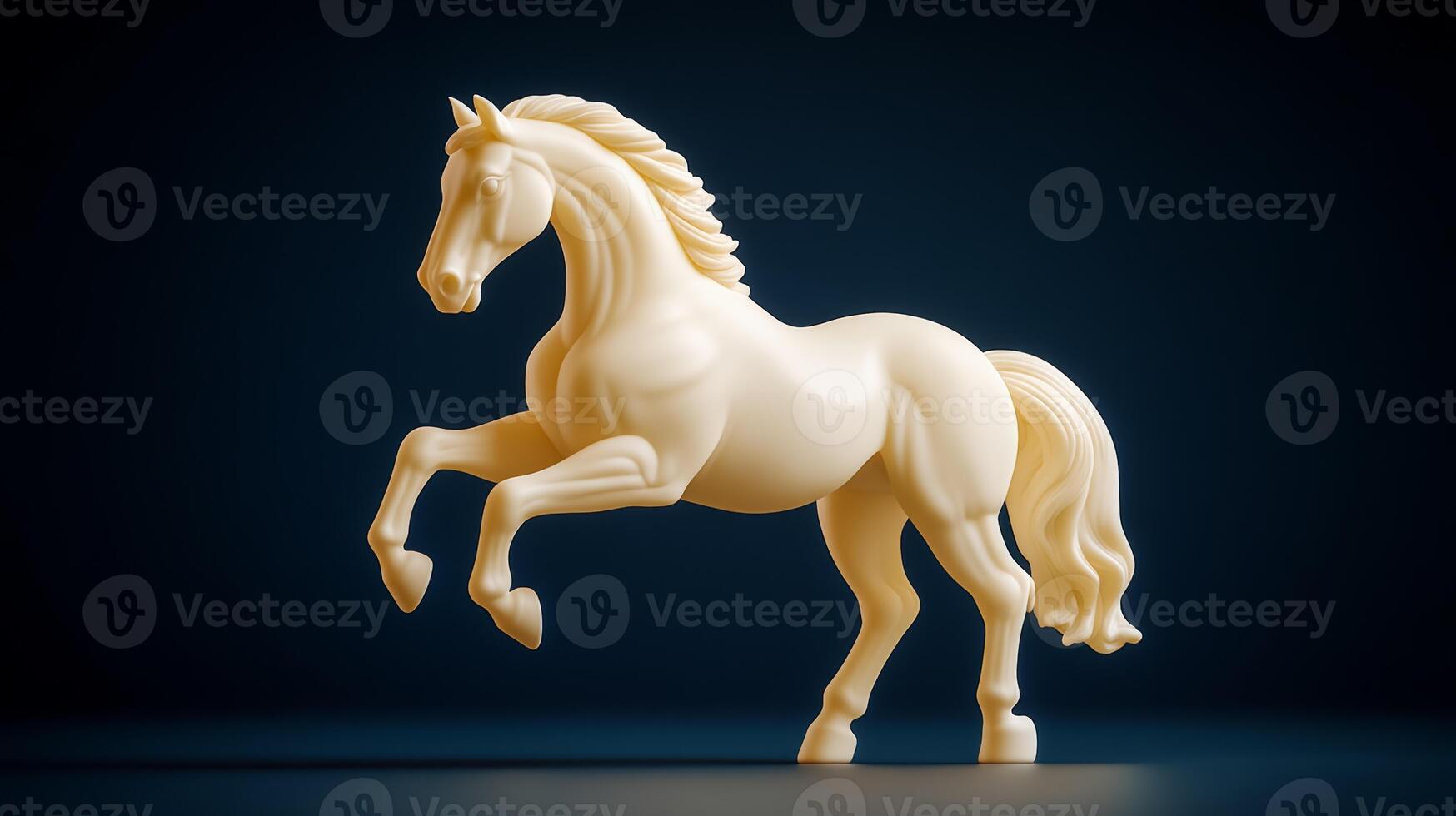Butter sculpture of a rearing horse dynamic pose captured mid motion isolated on a dark gradient background dramatic lighting emphasizing smooth curves and details photo