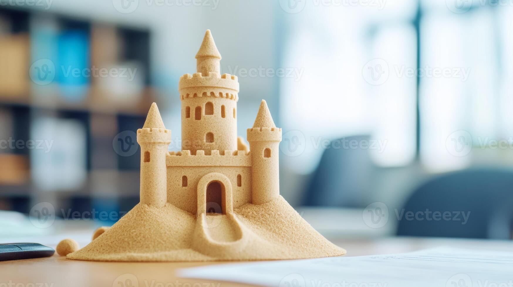 Close up of a sandcastle photo in a frame on a desk with a to do list and work documents scattered around symbolizing post vacation melancholy